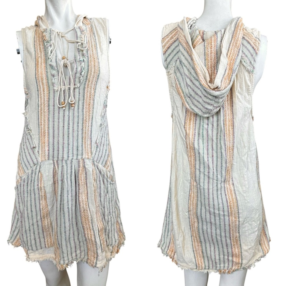 Free People “All Right Now” Boho Gauze Hooded Wood Beads Sleeveless Mini Dress